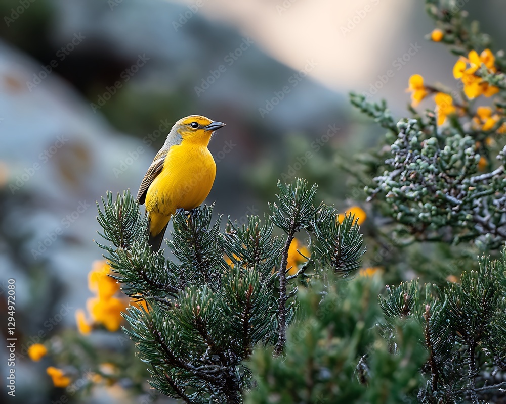 Fototapeta Yellow Bird on Pine Branch, Mountain Flowers