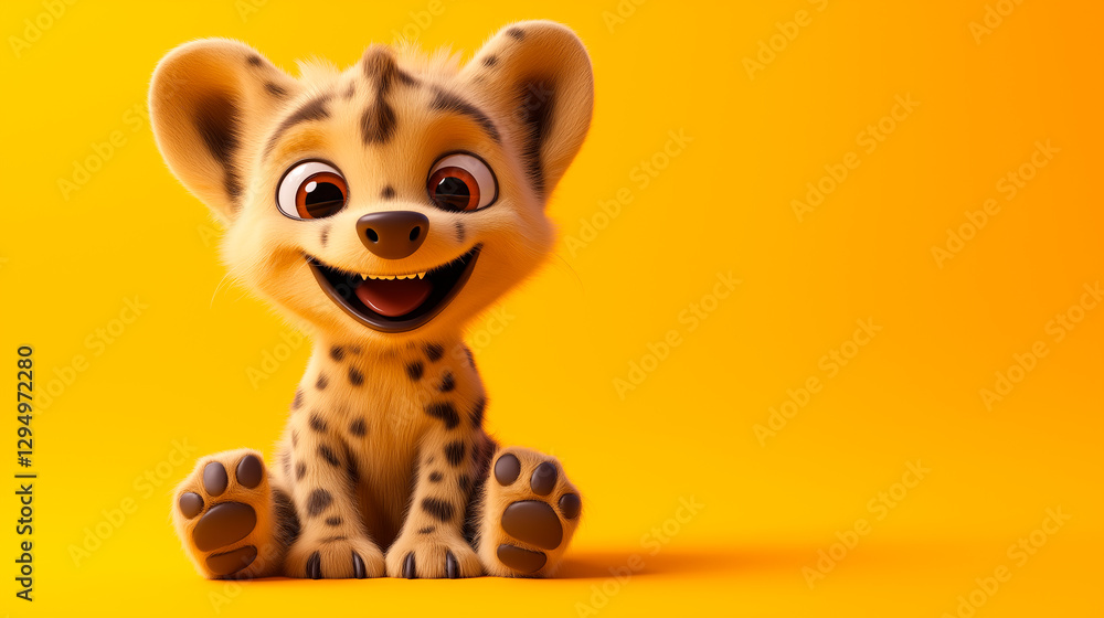 Adorable hyena cub smiling on vibrant yellow background Adorable hyena cub smiling on vibrant yellow background