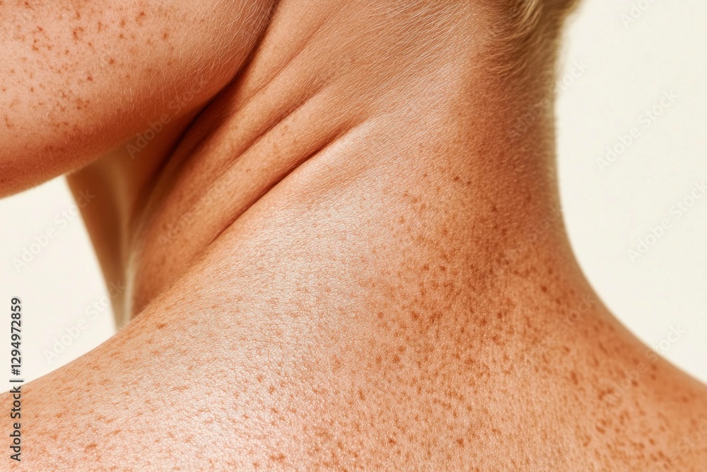 Fototapeta premium Close up of a woman s freckled neck and shoulders, showcasing healthy skin and natural beauty, against a soft neutral background in a modern aesthetic