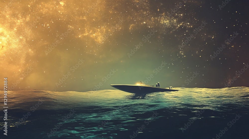 Fototapeta premium A serene night scene of a boat gliding over calm waters under a starry sky with cosmic elements