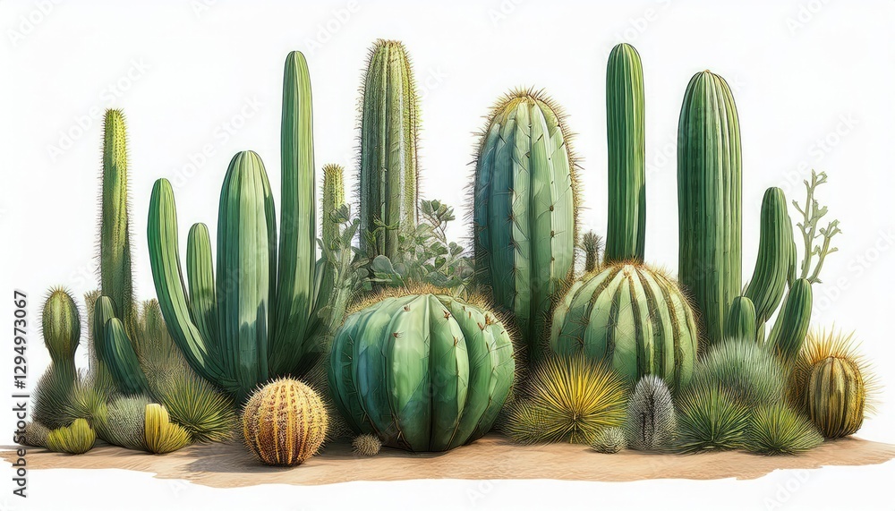 Tall green cactus plants in various sizes desert flora isolated Tall green cactus plants in various sizes desert flora isolated