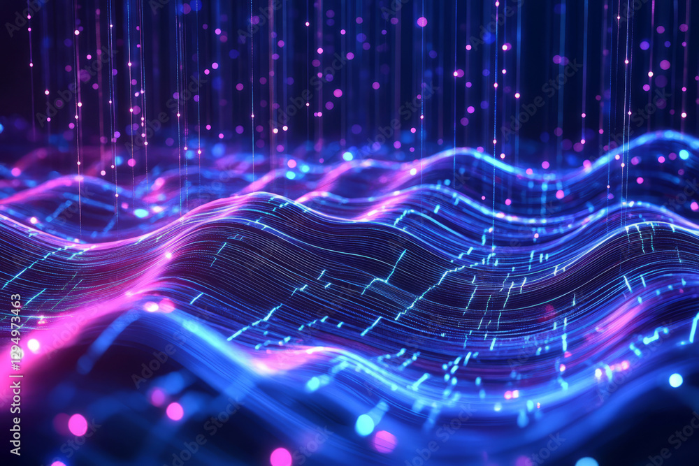 A mesmerizing 3D abstract background showcasing a cascade of liquid metallic waves intertwined with glowing digital particles. The reflective surfaces and pulsating neon streaks in deep blues and A mesmerizing 3D abstract background showcasing a cascade of liquid metallic waves intertwined with glowing digital particles. The reflective surfaces and pulsating neon streaks in deep blues and