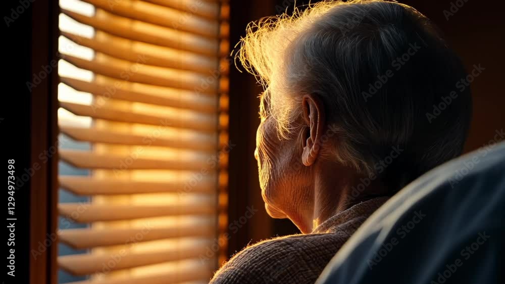 Elderly person in a hospice enjoys sunset view through window while being comforted by loved one