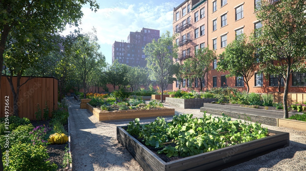 Fototapeta premium Sunny urban community garden with raised beds, plants, and trees.
