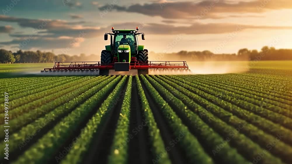 Modern Farming: A tractor sprays crops in a vast, meticulously cultivated field, bathed in the warm glow of the setting sun. The image captures the essence of modern agriculture. Modern Farming: A tractor sprays crops in a vast, meticulously cultivated field, bathed in the warm glow of the setting sun. The image captures the essence of modern agriculture.