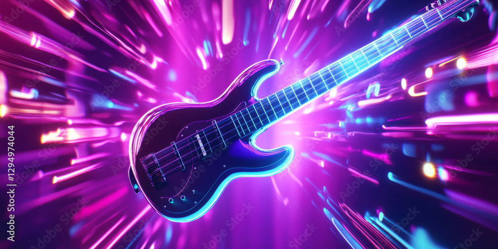 Fototapeta premium A mesmerizing 3D abstract background displaying a floating, glowing neon bass guitar. The pulsating energy of sound waves radiates outward, creating an immersive visualization of deep bass frequencies