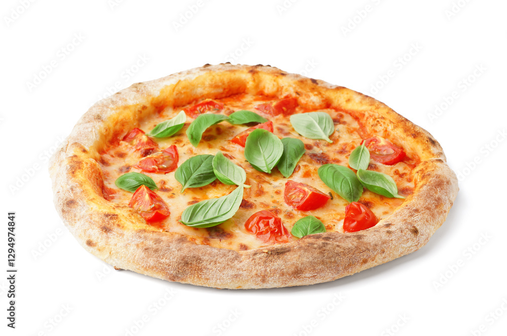 Tasty pizza Margarita with tomatoes and basil on white background Tasty pizza Margarita with tomatoes and basil on white background