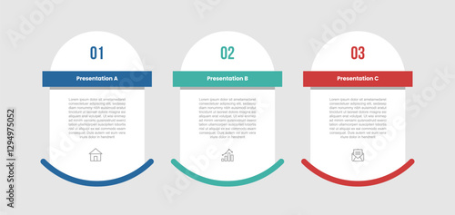 3 stage infographic diagram with creative round rectangle with header square badge with 3 step for slide presentation