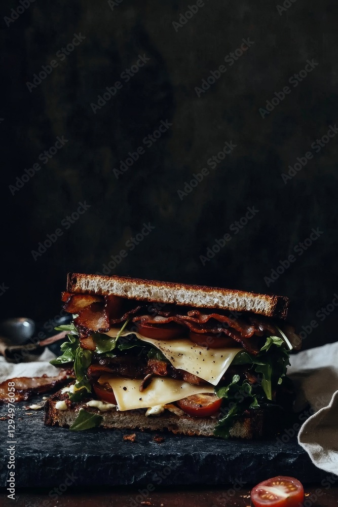 Delicious tall rye sandwich layered with crispy bacon, fresh tomatoes, cheddar cheese, and crunchy lettuce on a rustic slab Delicious tall rye sandwich layered with crispy bacon, fresh tomatoes, cheddar cheese, and crunchy lettuce on a rustic slab