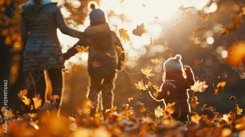 A family playing in the leaves during autumn
