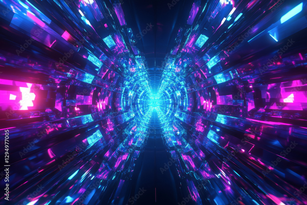 A surreal 3D abstract background displaying an immersive fractal tunnel, pulsating with glowing neon blues and purples. The infinite depth and seamless reflections create a futuristic digital A surreal 3D abstract background displaying an immersive fractal tunnel, pulsating with glowing neon blues and purples. The infinite depth and seamless reflections create a futuristic digital