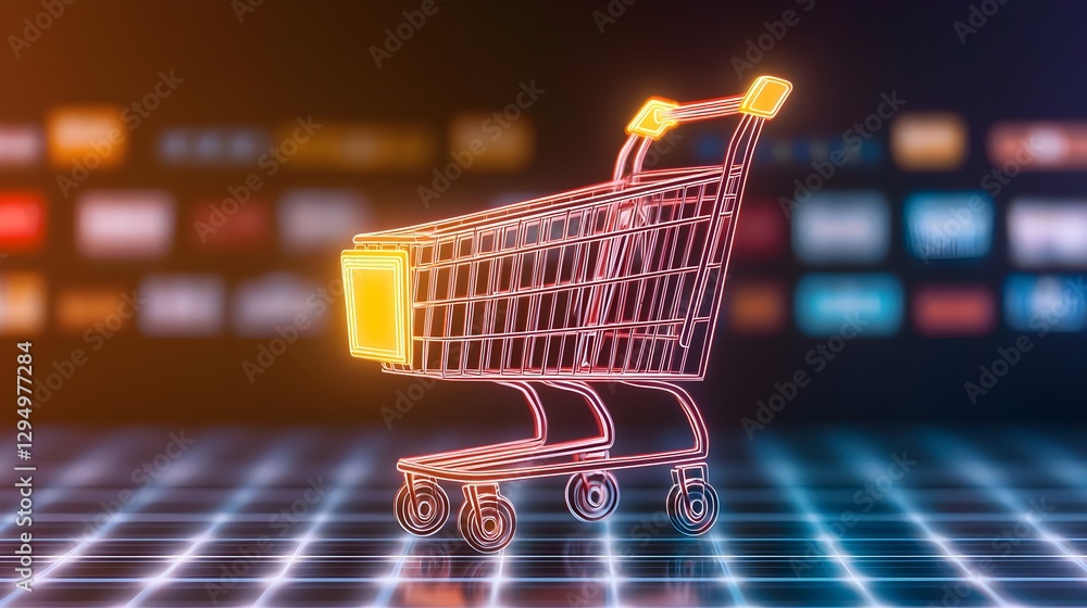 Neon Shopping Cart, Online Retail, E-commerce Concept. Futuristic glowing cart illustration for digital marketing, technology and business advertisements. Neon Shopping Cart, Online Retail, E-commerce Concept. Futuristic glowing cart illustration for digital marketing, technology and business advertisements.