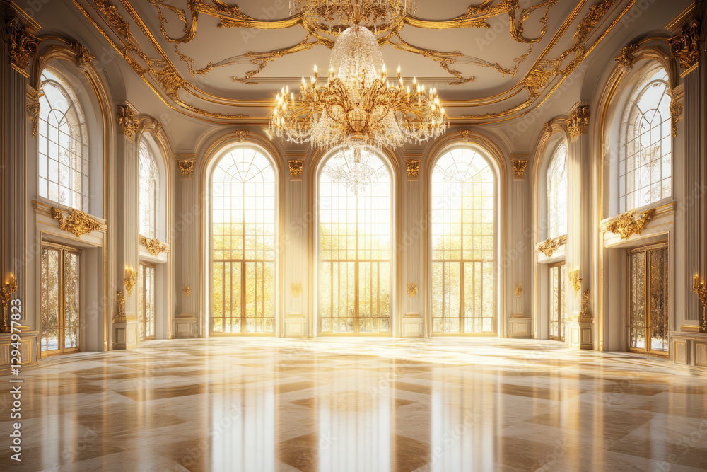 A luxurious classic ballroom 3D background room with a grand crystal chandelier, intricate gold moldings, and an expansive marble dance floor. Tall arched windows allow golden sunlight to flood the A luxurious classic ballroom 3D background room with a grand crystal chandelier, intricate gold moldings, and an expansive marble dance floor. Tall arched windows allow golden sunlight to flood the
