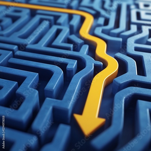 A Yellow Arrow Navigating Through a Blue Maze, Symbolizing a Solution Path
