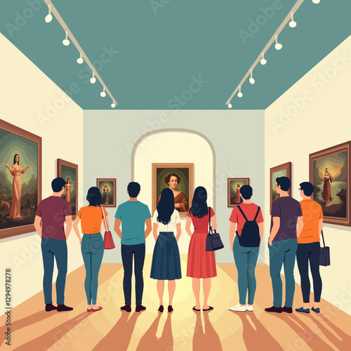 A beautifully designed art gallery filled with visitors admiring historical and modern paintings in an elegant space with warm lighting.