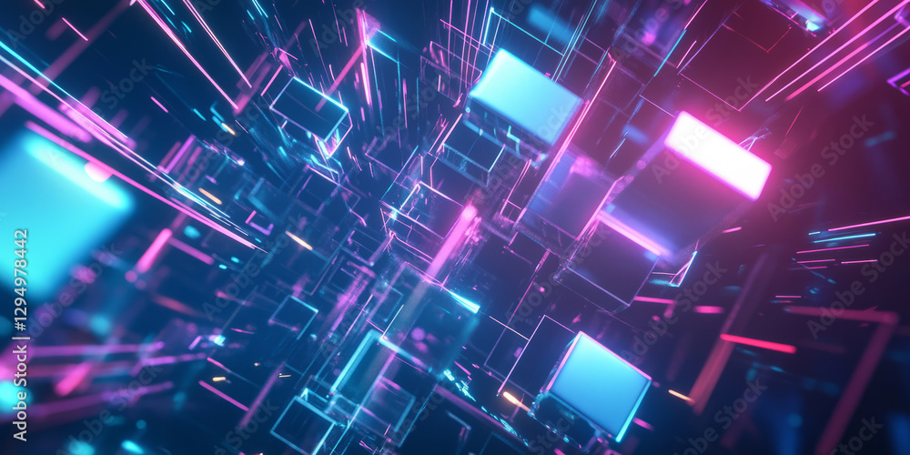 A sleek and dynamic abstract background featuring floating holographic geometric shapes casting radiant neon reflections across a digital expanse. The smooth light distortions and seamless motion A sleek and dynamic abstract background featuring floating holographic geometric shapes casting radiant neon reflections across a digital expanse. The smooth light distortions and seamless motion