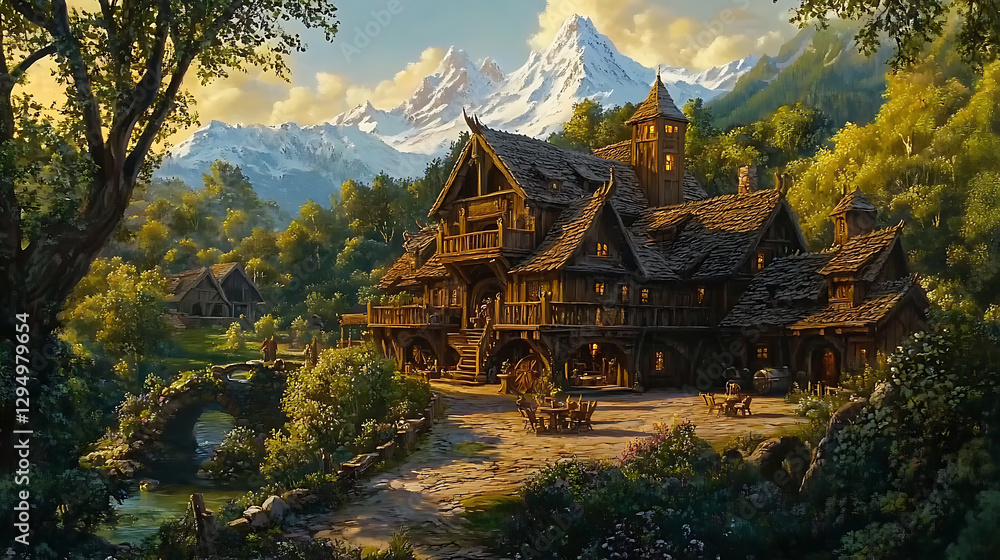 Fototapeta premium wooden house stands proudly surrounded by lush greenery, creating an awe inspiring, and inviting scene, testament to rustic beauty in nature embrace