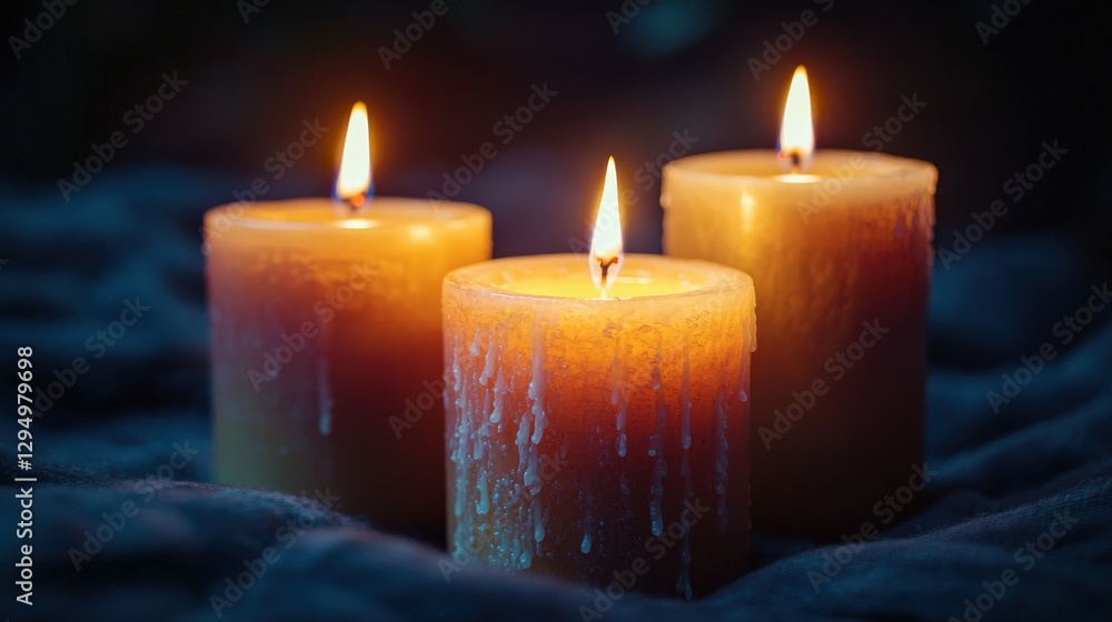 Tranquil Soft Glow of Three Candles on Cozy Fabric Background Tranquil Soft Glow of Three Candles on Cozy Fabric Background