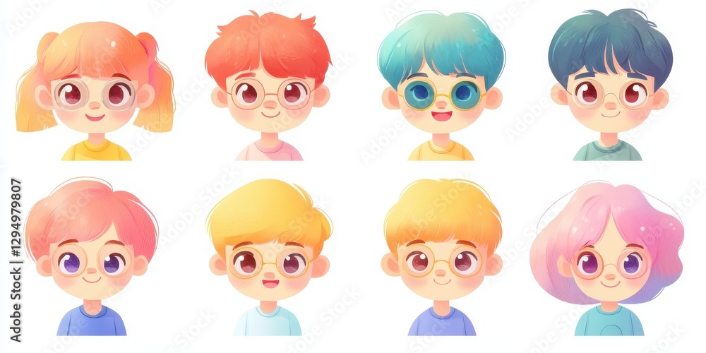 Fototapeta premium Adorable Children's Portraits: A Collection of Eight Unique Illustrations