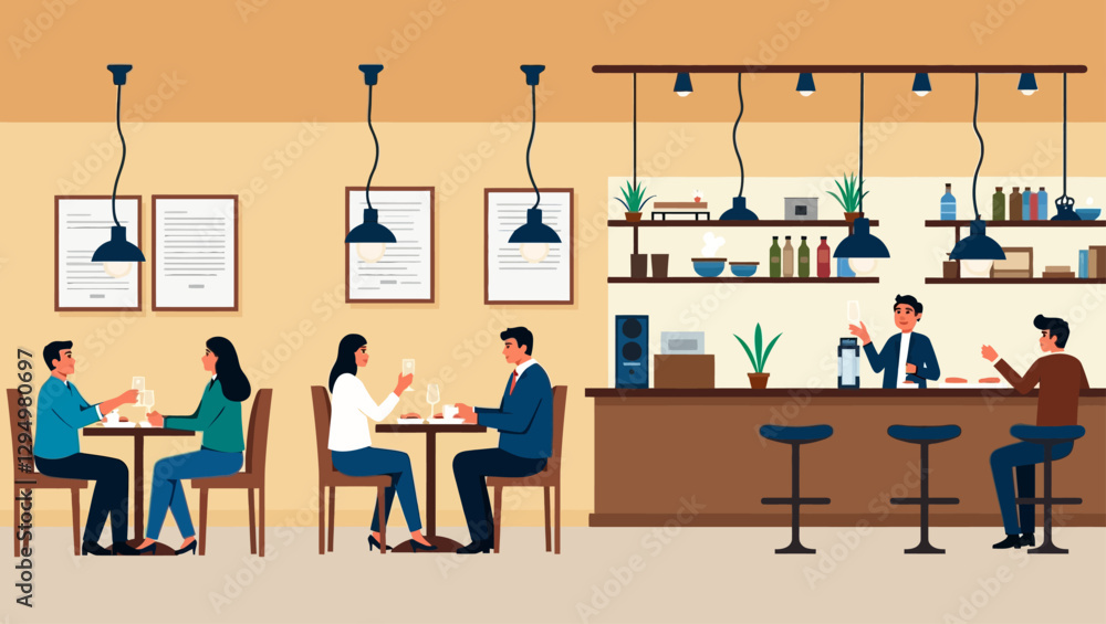 A modern and stylish cafe with customers dining, a bar counter with a bartender, and elegant lighting. A cozy and welcoming restaurant atmosphere. A modern and stylish cafe with customers dining, a bar counter with a bartender, and elegant lighting. A cozy and welcoming restaurant atmosphere.
