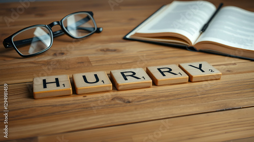 hurry word or concept represented by wooden letter tiles on a wooden table with glasses and a book