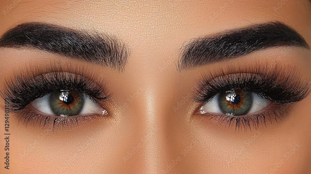 Naklejka premium Close-up of a woman's eyes with full, dark eyelashes and eyebrows.