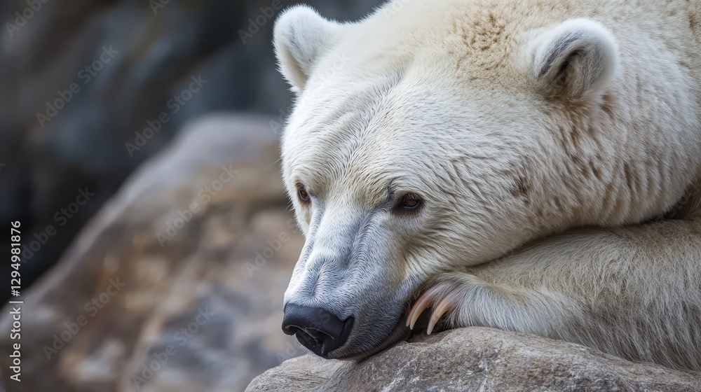 Polar bear resting on rocky terrain while observing its surroundings in a natural habitat during daylight hours Polar bear resting on rocky terrain while observing its surroundings in a natural habitat during daylight hours