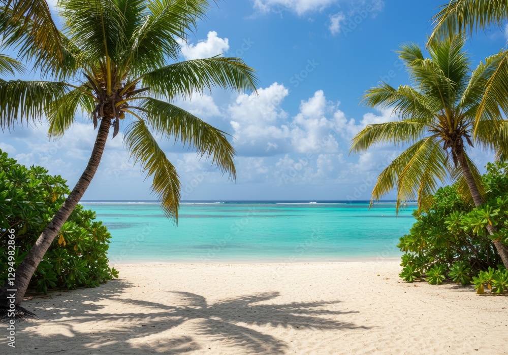 Obraz premium Walking Onto Tranquil Tropical Beach with Palm Trees and Turquoise Ocean