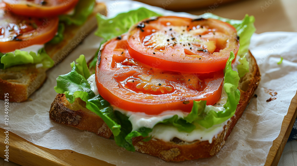 Open sandwich with lettuce, tomato, and cream on toasted bread. Open sandwich with lettuce, tomato, and cream on toasted bread.