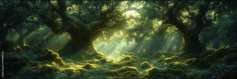 Fototapeta premium mystical forest scene with gnarled ancient trees and diffused sunlight in a magical landscape