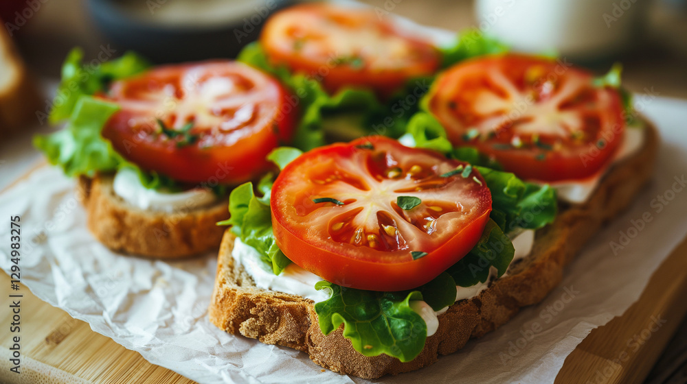 Open sandwich with lettuce, tomato, and cream on toasted bread. Open sandwich with lettuce, tomato, and cream on toasted bread.
