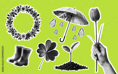 spring season elements collection, tulip flower, floral wreath, clover, rain boots, umbrella, growing sprout, set of retro halftone effect elements