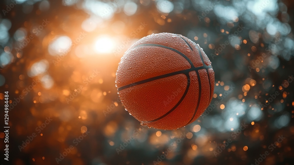 Basketball in mid-air, bokeh background, outdoors, sunny day, sport photo Basketball in mid-air, bokeh background, outdoors, sunny day, sport photo