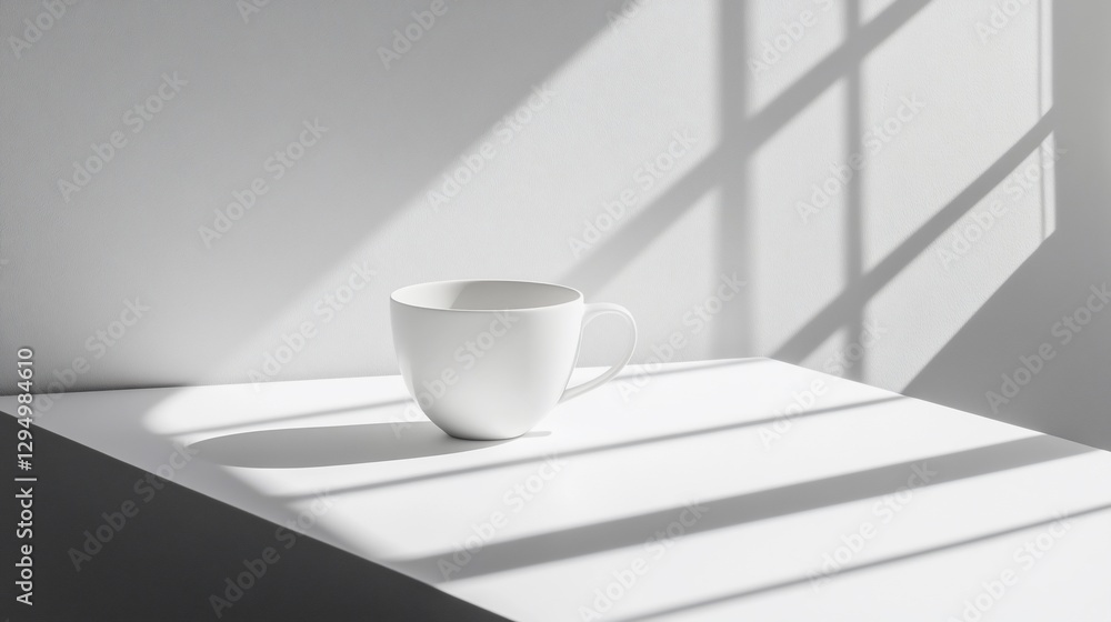 Minimalist White Mug Still Life with Window Shadow on Neutral Backdrop Minimalist White Mug Still Life with Window Shadow on Neutral Backdrop