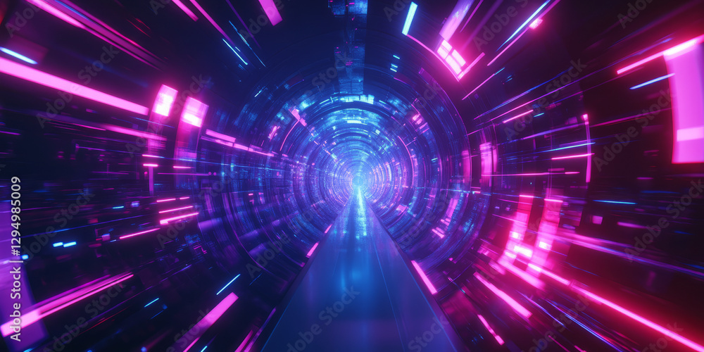 A visually striking 3D abstract background with a vast neon tunnel, filled with floating holographic elements. The deep color gradients and smooth lighting create a cyberpunk-inspired design. A visually striking 3D abstract background with a vast neon tunnel, filled with floating holographic elements. The deep color gradients and smooth lighting create a cyberpunk-inspired design.