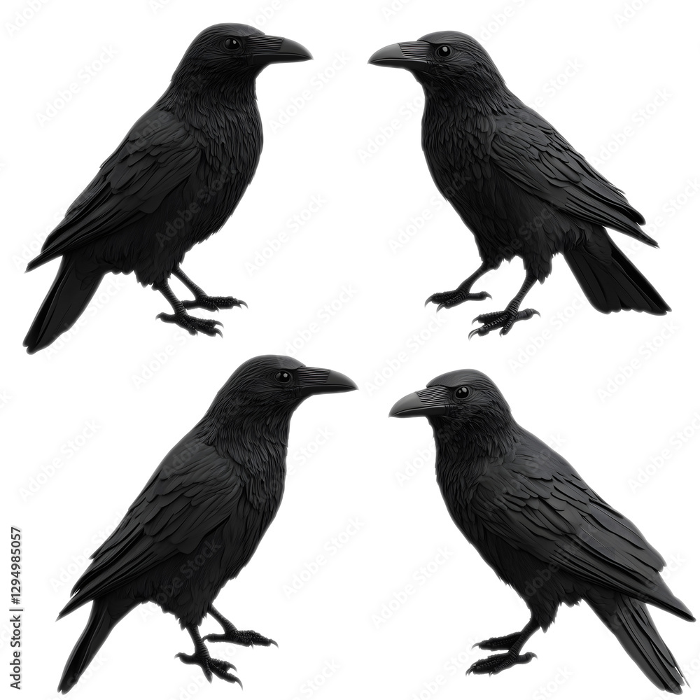 Fototapeta premium Ravens set birds graphic design isolated on transparent background