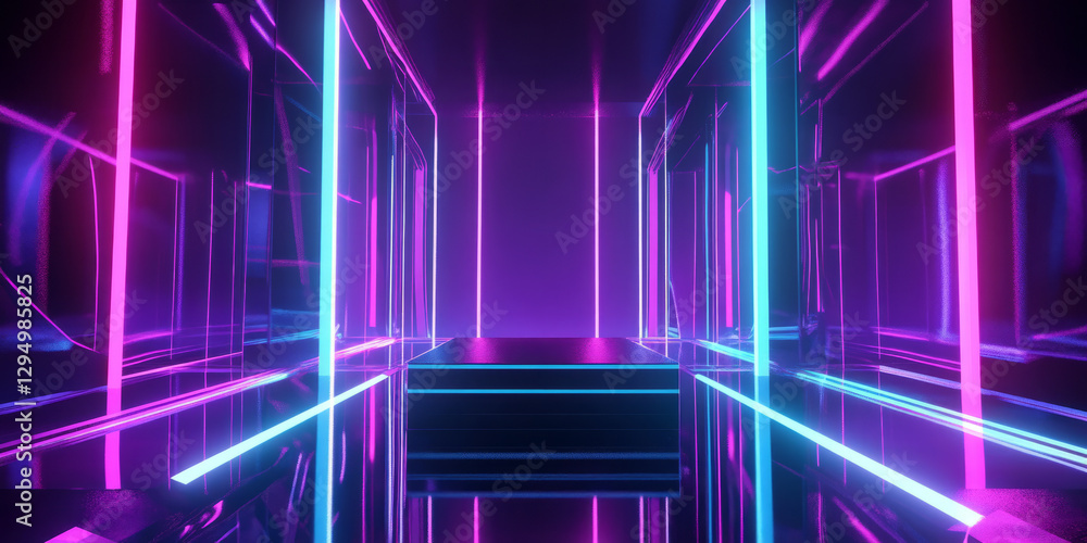 Fototapeta premium A neon-lit 3D background showcasing a podium made of transparent glass, illuminated from below with vibrant purple and cyan lights. The reflections on the glossy floor enhance the futuristic cyberpunk