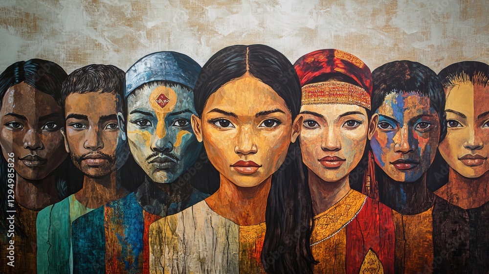 Naklejka premium A vibrant mural depicting diverse faces with cultural expressions, showcasing unity and heritage