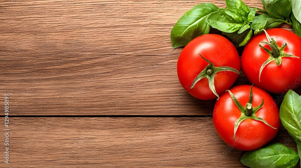 Ripe Red Tomatoes and Basil on Rustic Wooden Background Ripe Red Tomatoes and Basil on Rustic Wooden Background