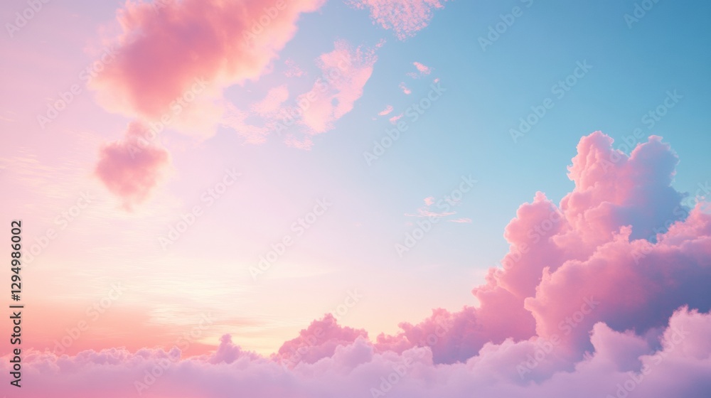 Fototapeta premium Serene Cloudscape at Sunset: Soft, pastel-colored clouds fill the sky, creating a dreamy and peaceful atmosphere, with shades of pink and blue blending seamlessly together. 