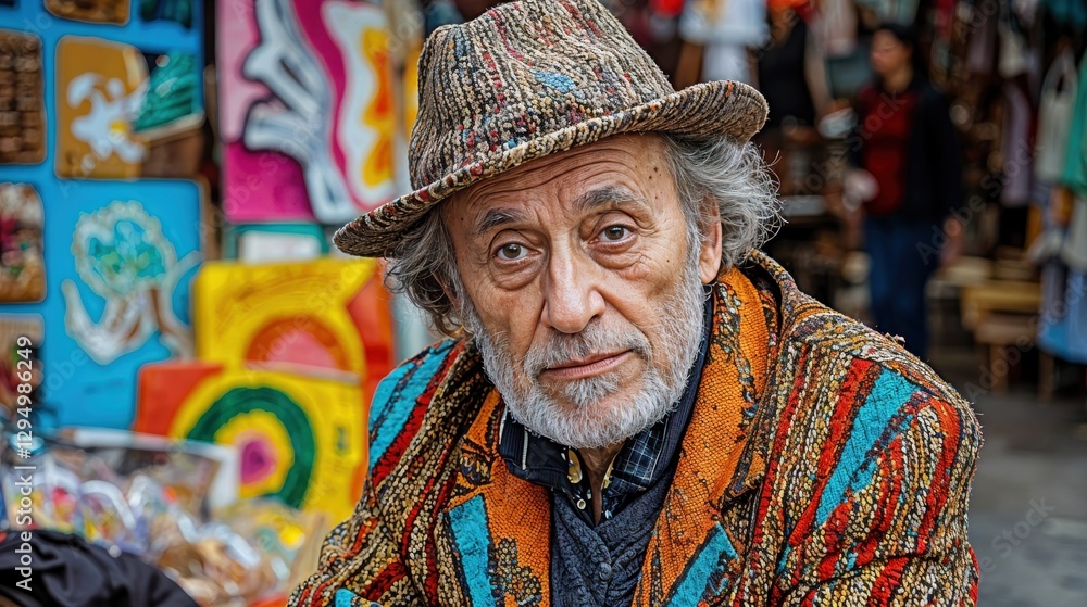 Fototapeta premium A gentleman dressed in a vivid patterned coat and hat examines his surroundings with a contemplative expression, surrounded by a bustling marketplace alive with color and creativity.