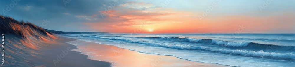 Obraz premium Tranquil Beach Dawn with Gentle Waves and Soft Light in Caribbean Paradise