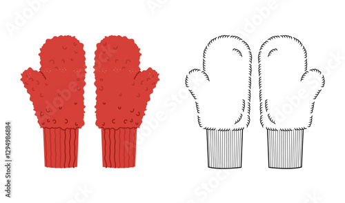 Pile Mitten Gloves One-Fingered knitted cuff red cartoon and flat sketch outline Fashion hand accessory clothing technical illustration garment. Vector for Men, women template CAD on white background