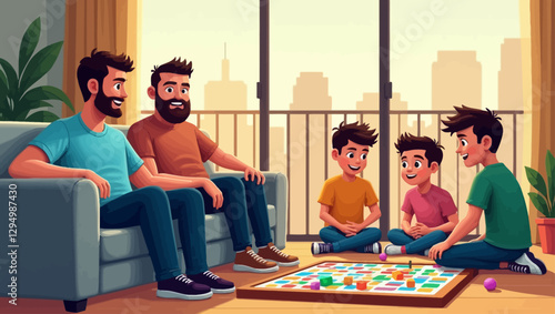 A warm and cozy living room scene where two fathers and their sons enjoy a board game together. The family bonding moment is filled with laughter and happiness.