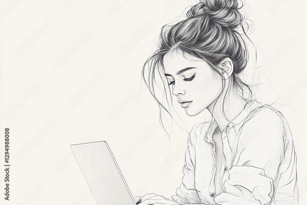Woman with bun using a laptop computer Woman with bun using a laptop computer