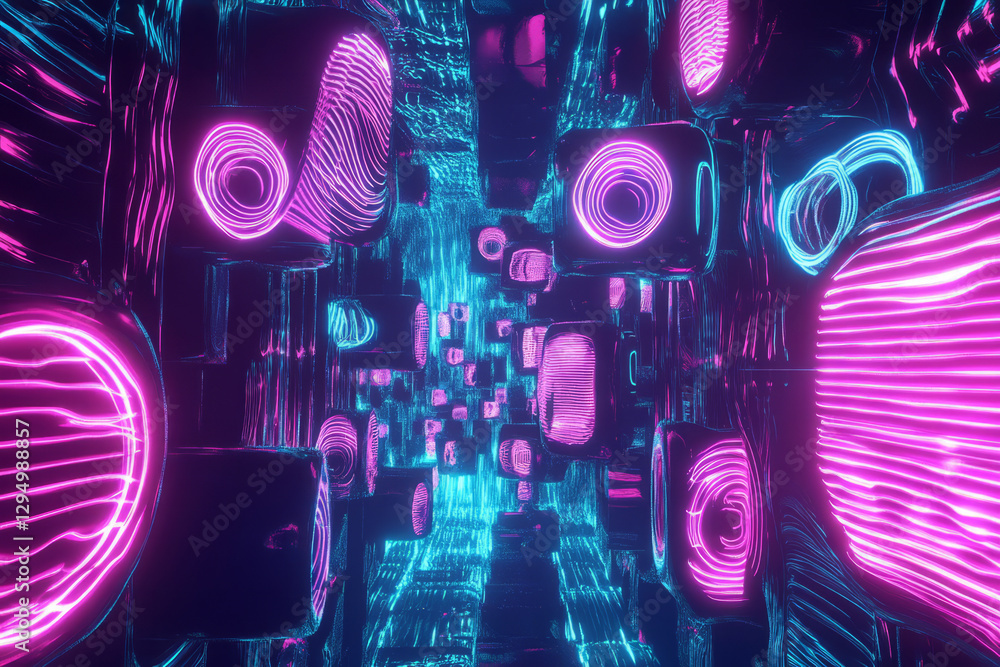A mesmerizing 3D background where floating neon speakers emit vibrant waves of music. The glowing frequencies form intricate, geometric patterns in the air, creating a futuristic, abstract soundscape A mesmerizing 3D background where floating neon speakers emit vibrant waves of music. The glowing frequencies form intricate, geometric patterns in the air, creating a futuristic, abstract soundscape