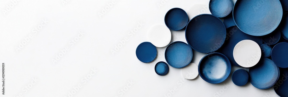 Monochrome geometric paper cutouts in deep blue tones arranged on smooth white background Monochrome geometric paper cutouts in deep blue tones arranged on smooth white background