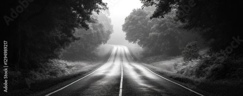 Empty Road Surrounded by Lush Green Trees in Dramatic Black and White