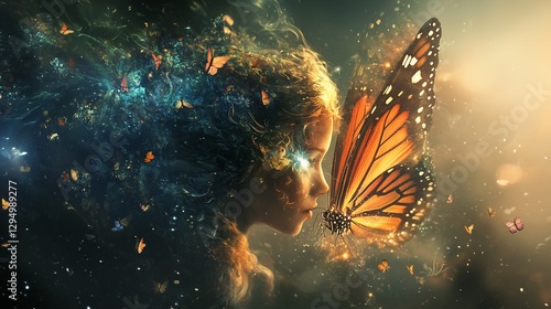 A magical encounter between a girl and a butterfly in a dreamlike ethereal realm photo