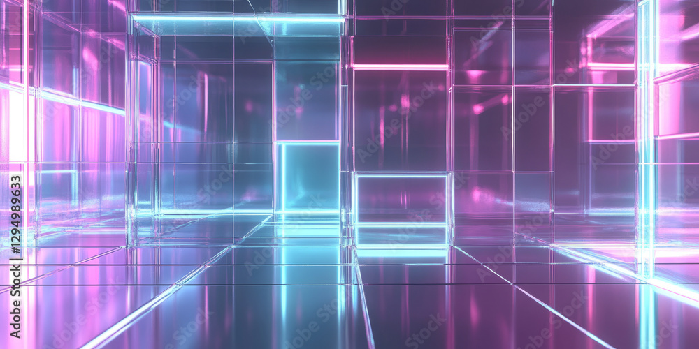 Fototapeta premium A visually striking 3D abstract background featuring holographic glass panels, illuminated by soft neon glows. The floating transparent surfaces and seamless reflections create a sophisticated modern